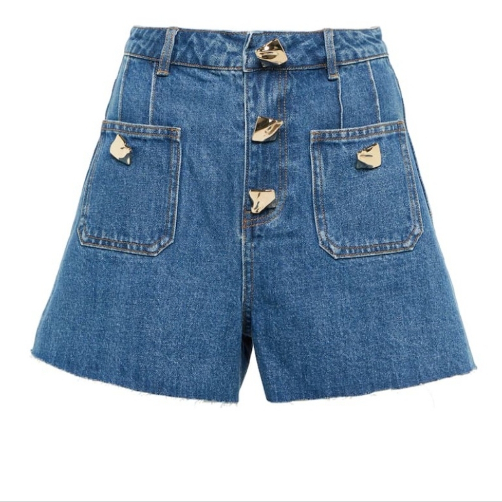 Self-portrait button embellished high rise denim shorts